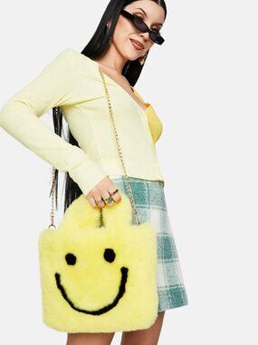 Yellow Smiley Face Faux Fur Bag